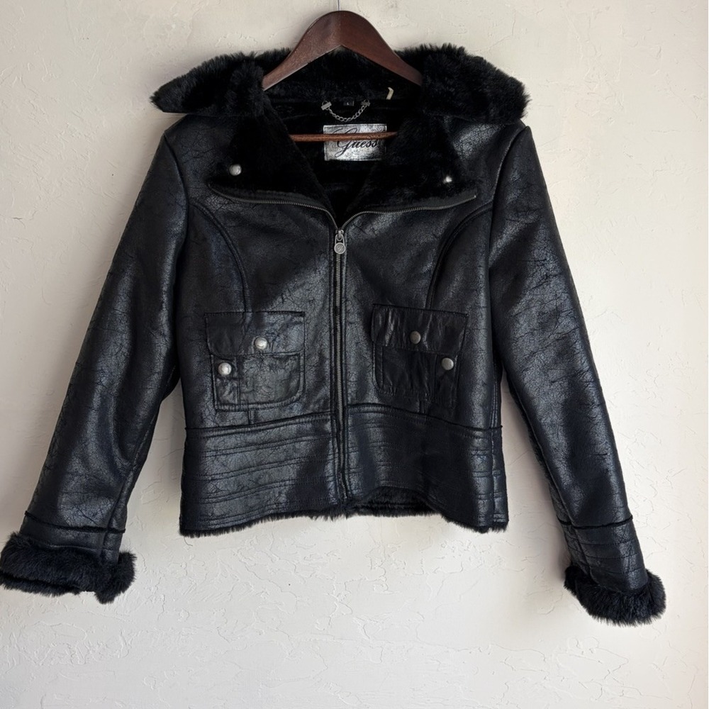 Vintage Y2K Guess Bomber Jacket L Black Faux Leather Fur Collar Bratz Cyber Goth